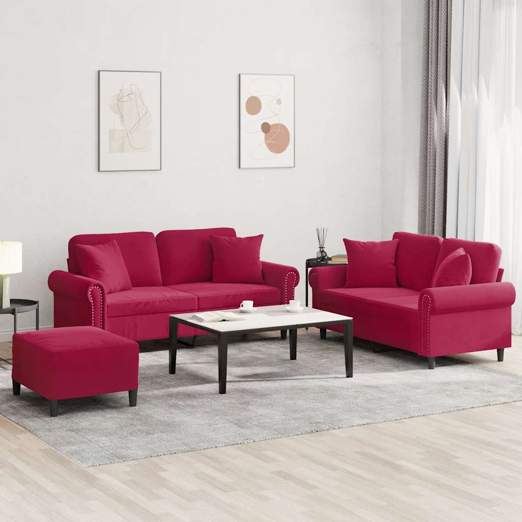 Set di Divani 3 pz con Cuscini Rosso Vino in Velluto