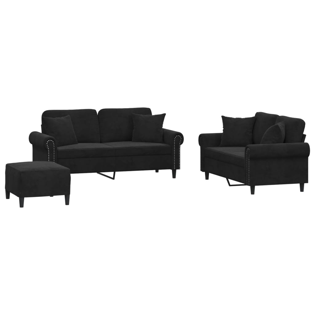 Set di Divani 3 pz con Cuscini Nero in Velluto