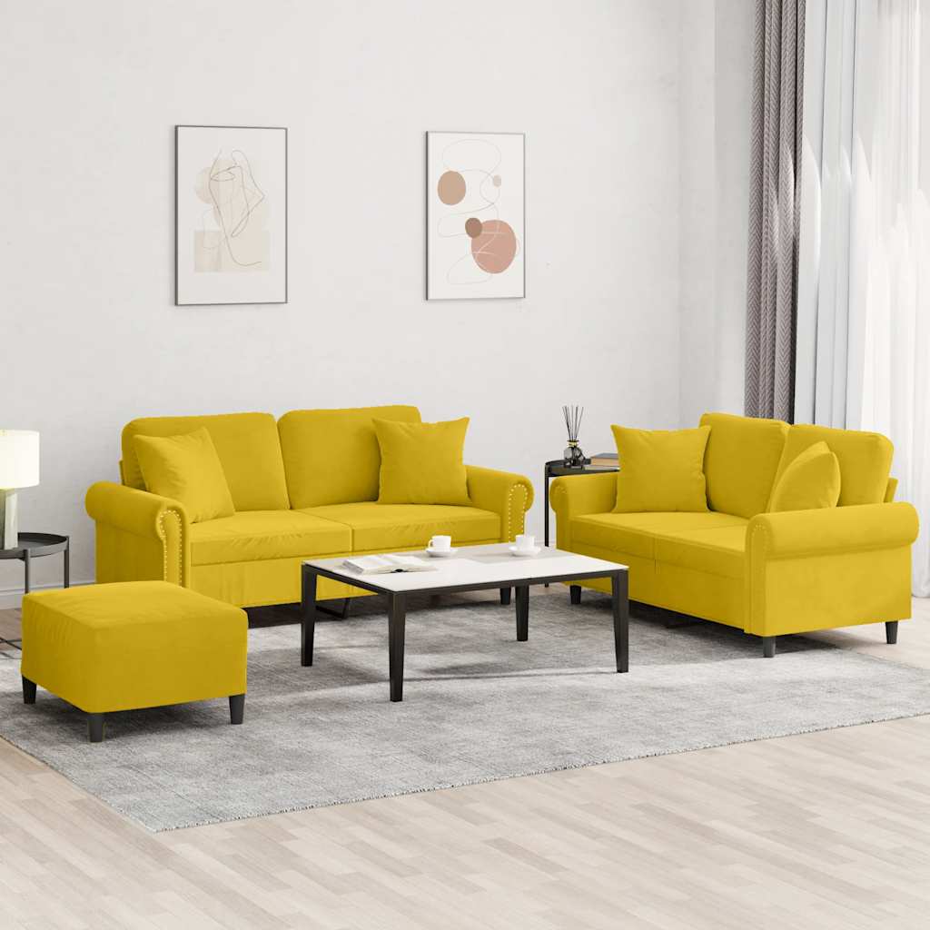 Set di Divani 3 pz con Cuscini giallo in Velluto