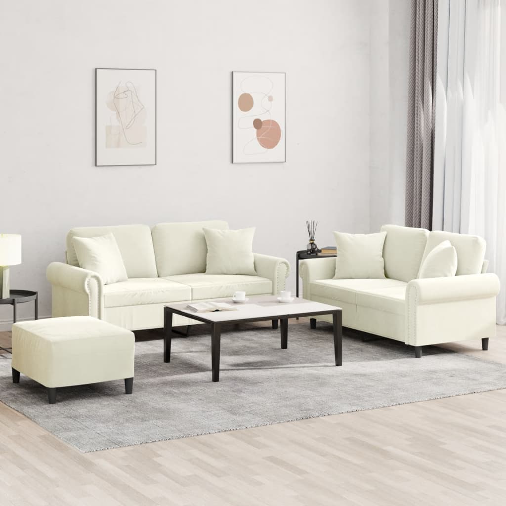 Set di Divani 3 pz con Cuscini Crema in Velluto