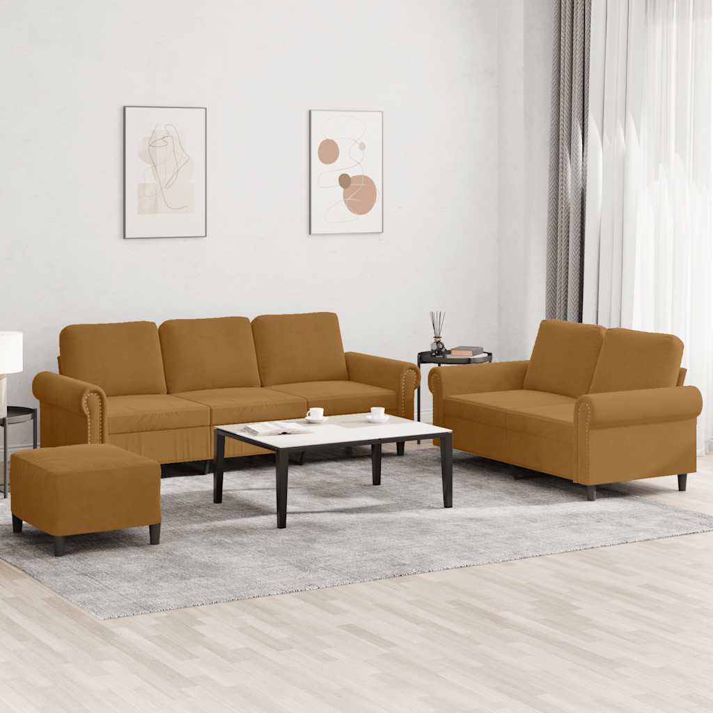Set di Divani 3 pz con Cuscini Marrone in Velluto