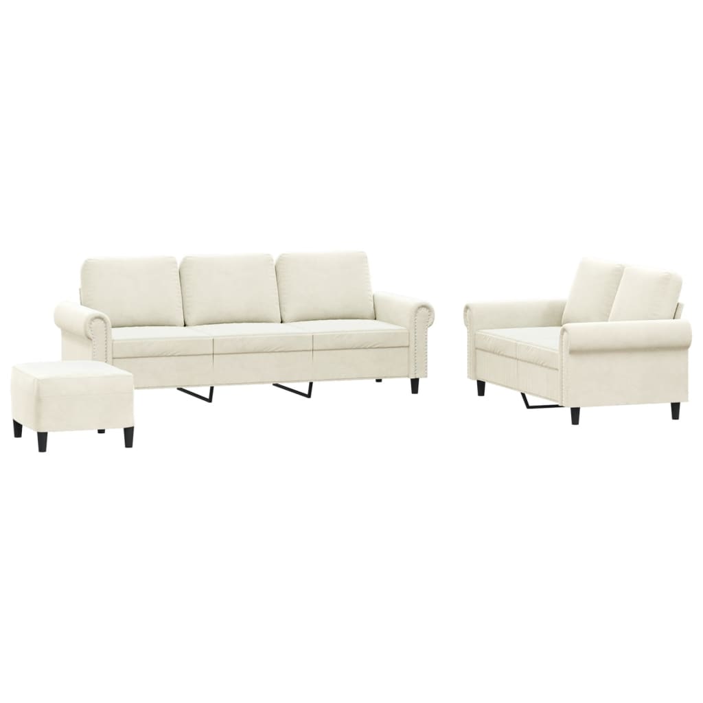 Set di Divani 3 pz con Cuscini Crema in Velluto
