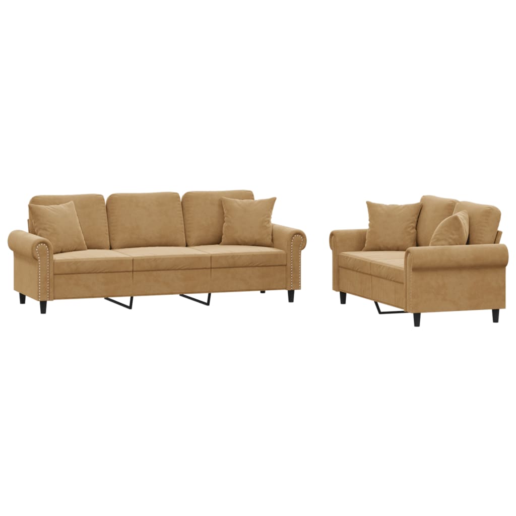 Set di Divani 2 pz con Cuscini Marrone in Velluto