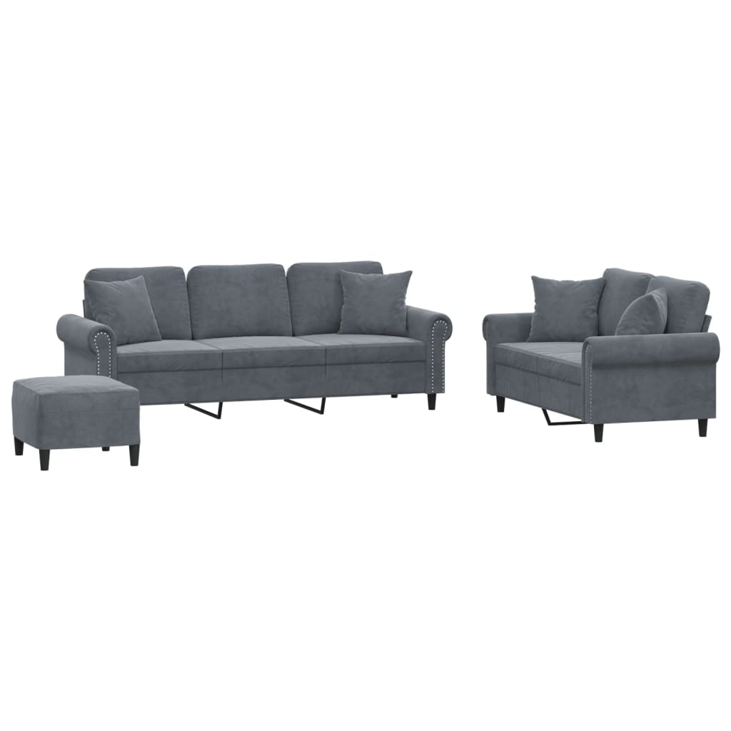 Set di Divani 3 pz con Cuscini Grigio Scuro in Velluto
