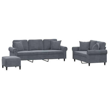 Set di Divani 3 pz con Cuscini Grigio Scuro in Velluto