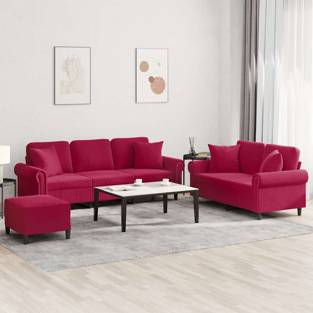 Set di Divani 3 pz con Cuscini Rosso Vino in Velluto