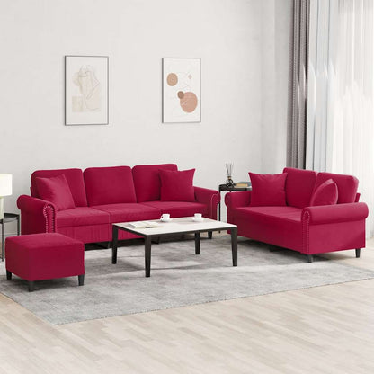 Set di Divani 3 pz con Cuscini Rosso Vino in Velluto