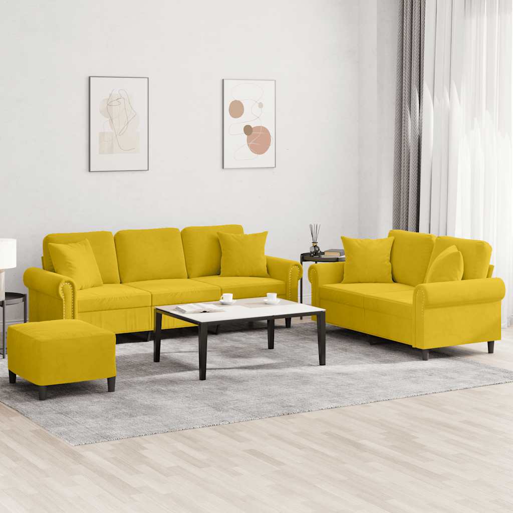 Set di Divani 3 pz con Cuscini giallo in Velluto