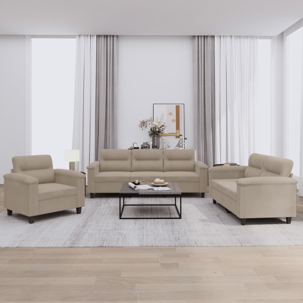 Set Divani 3 pz con Cuscini tortora in Tessuto Microfibra