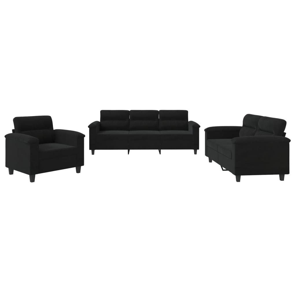 Set Divani 3 pz con Cuscini Nero in Tessuto Microfibra