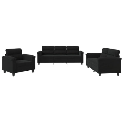 Set Divani 3 pz con Cuscini Nero in Tessuto Microfibra