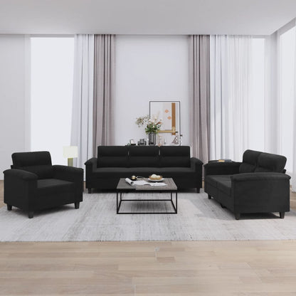Set Divani 3 pz con Cuscini Nero in Tessuto Microfibra