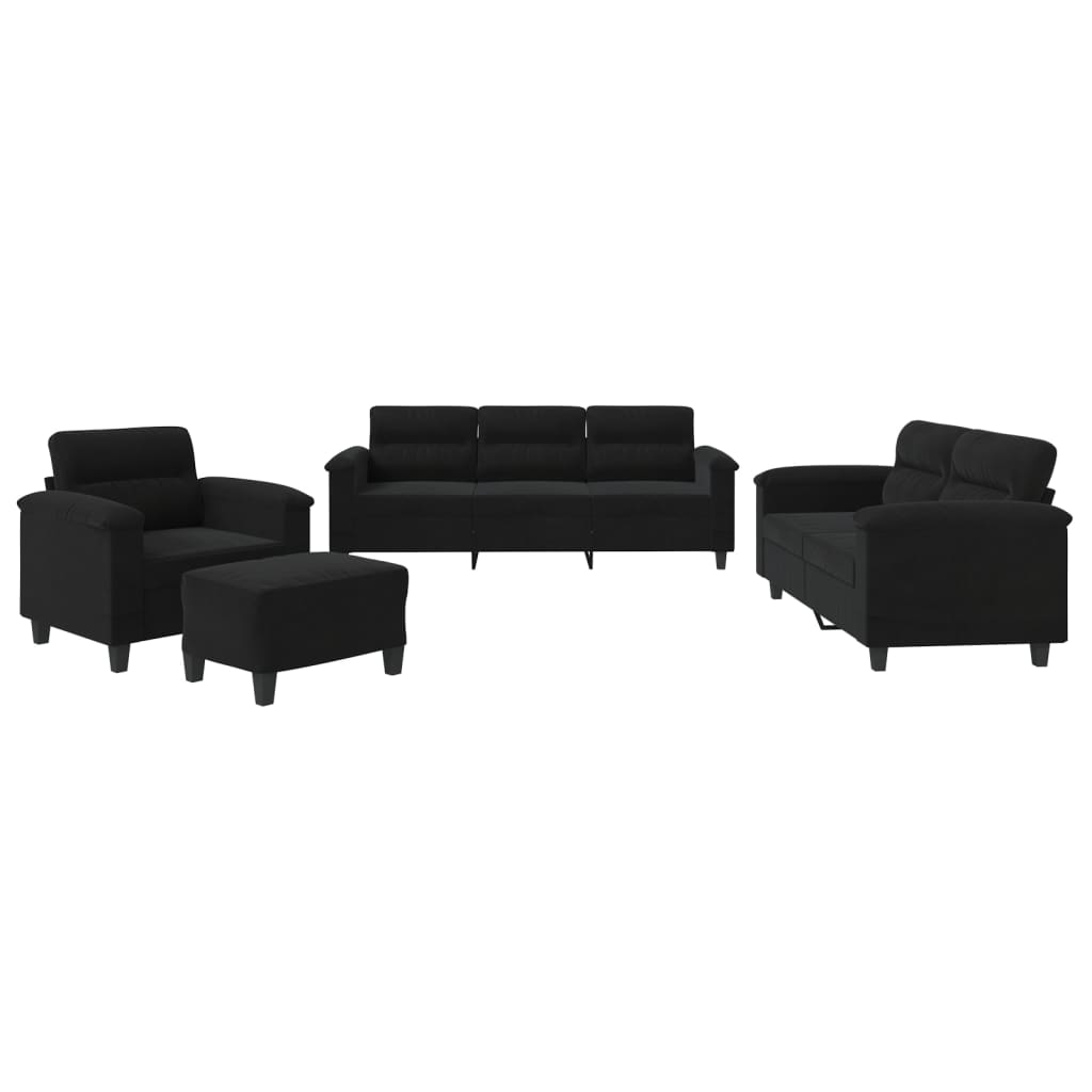 Set Divani 4 pz con Cuscini Nero in Tessuto Microfibra