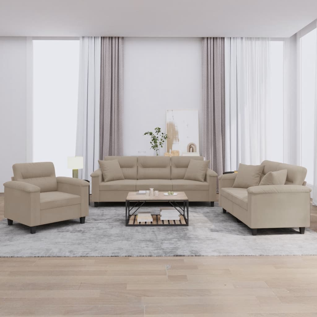 Set Divani 3 pz con Cuscini tortora in Tessuto Microfibra