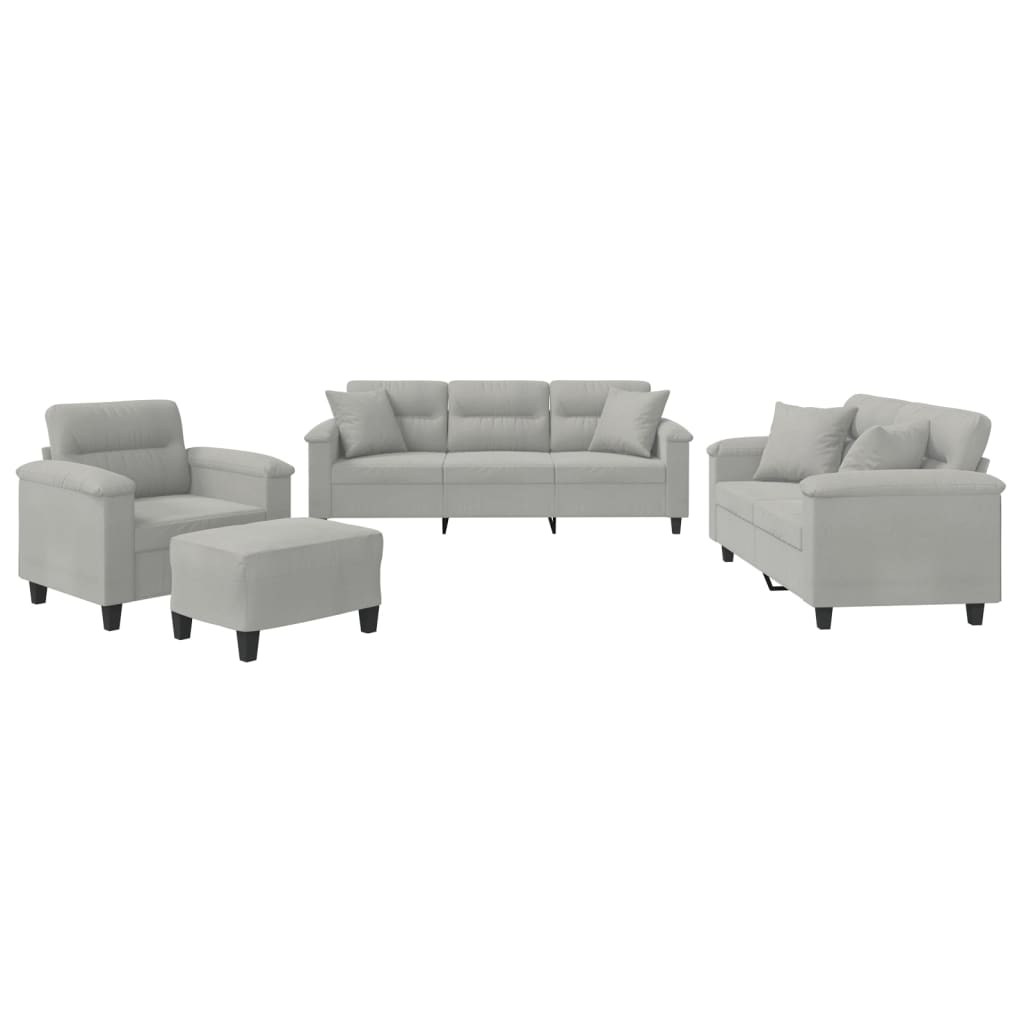 Set Divani 4 pz con Cuscini Grigio Chiaro in Tessuto Microfibra