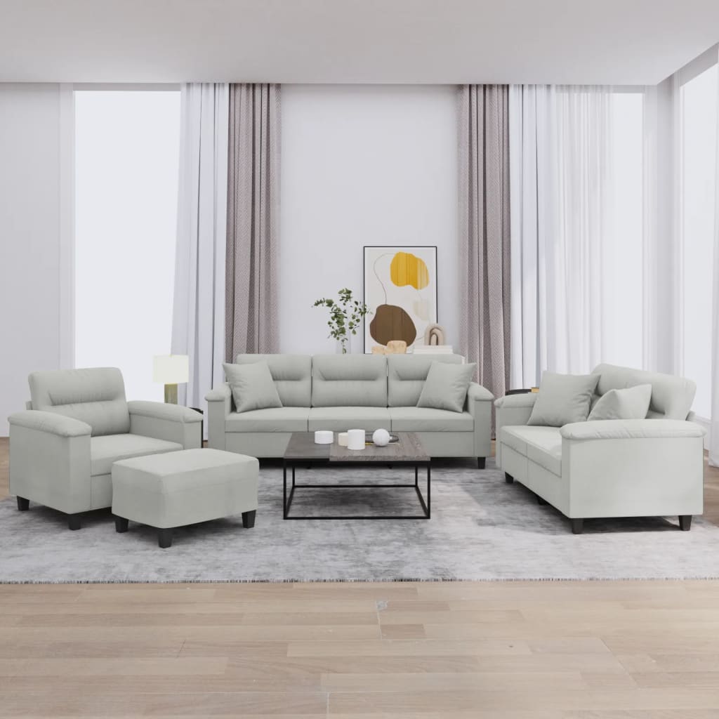 Set Divani 4 pz con Cuscini Grigio Chiaro in Tessuto Microfibra