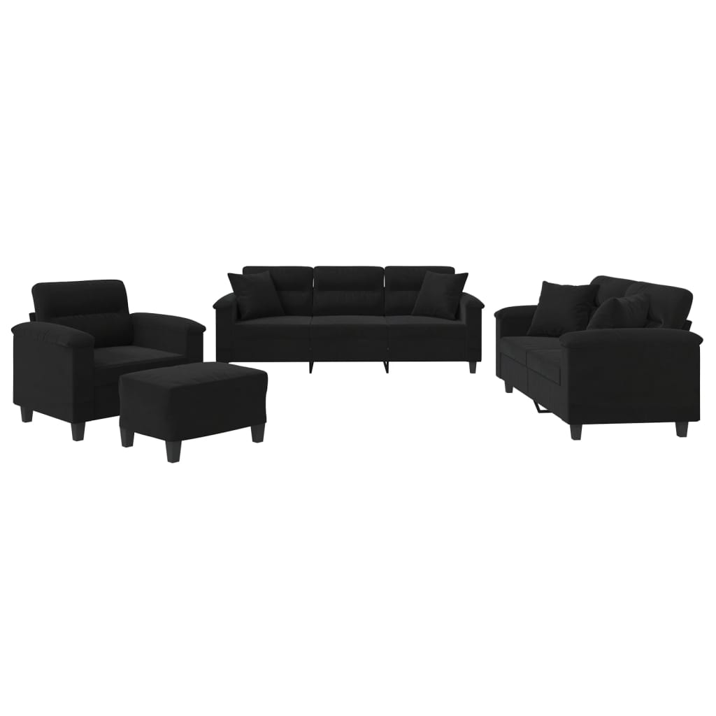 Set Divani 4 pz con Cuscini Nero in Tessuto Microfibra