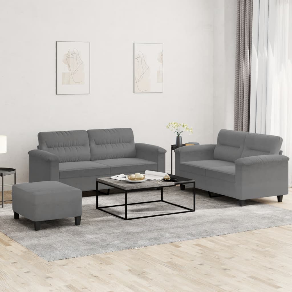 Set Divani 3 pz con Cuscini Grigio Scuro in Tessuto Microfibra