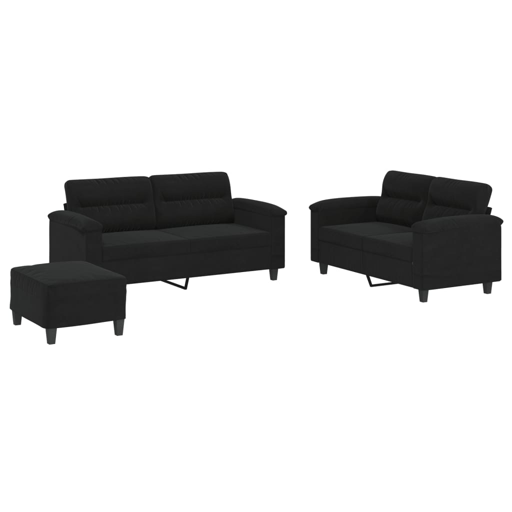 Set Divani 3 pz con Cuscini Nero in Tessuto Microfibra