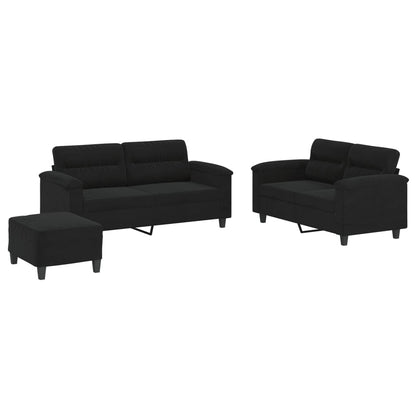 Set Divani 3 pz con Cuscini Nero in Tessuto Microfibra
