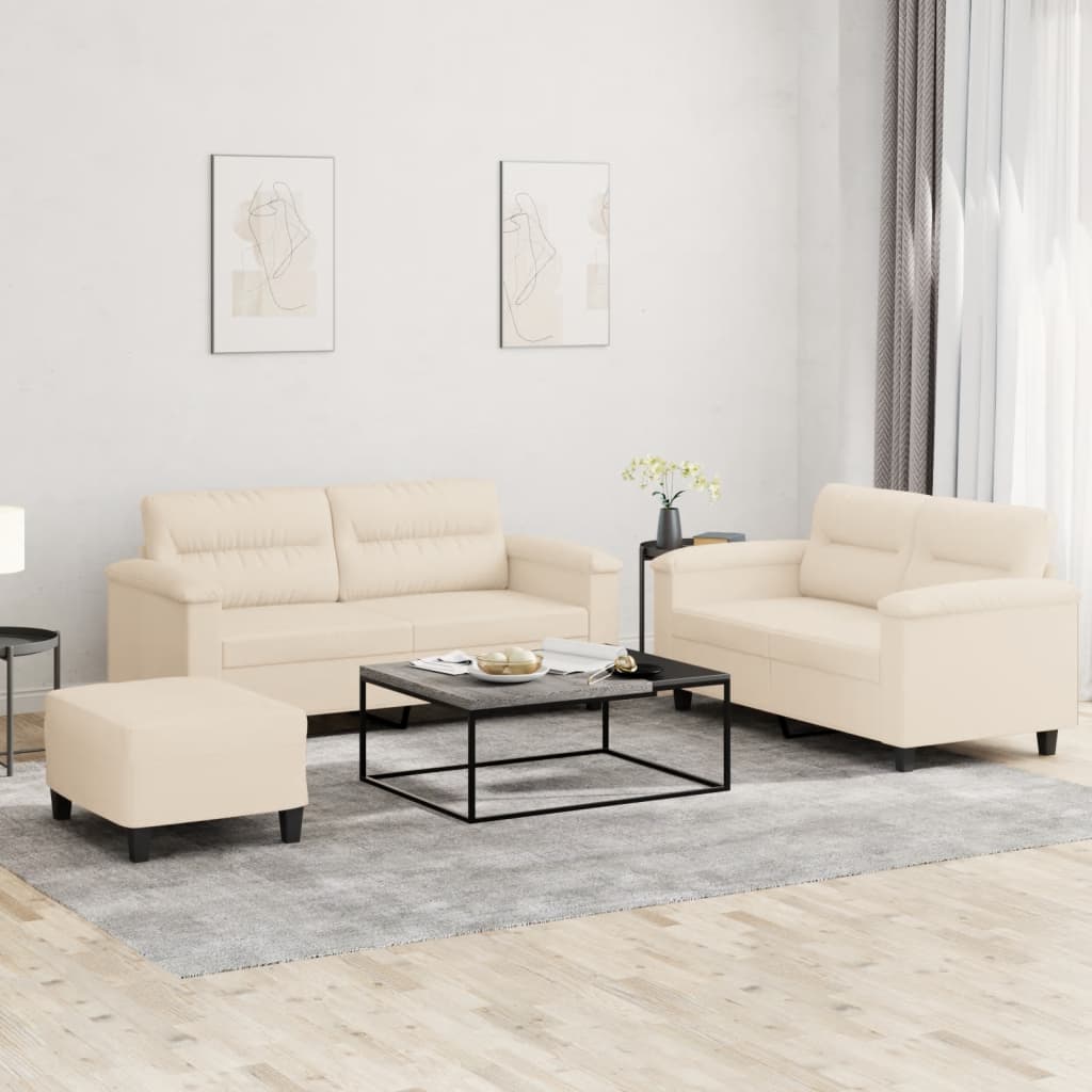 Set Divani 3 pz con Cuscini Beige in Tessuto Microfibra