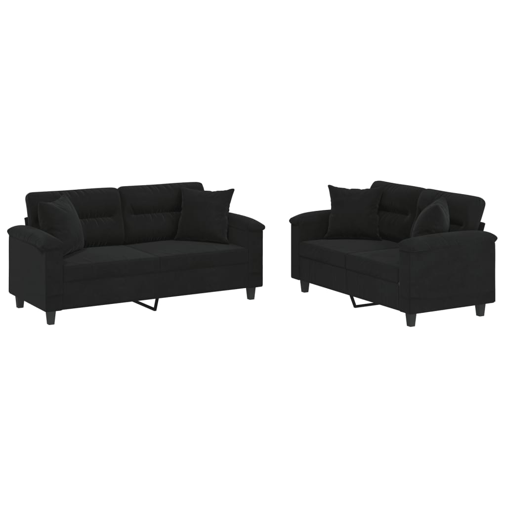 Set Divani 2 pz con Cuscini Nero in Tessuto Microfibra
