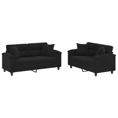 Set Divani 2 pz con Cuscini Nero in Tessuto Microfibra