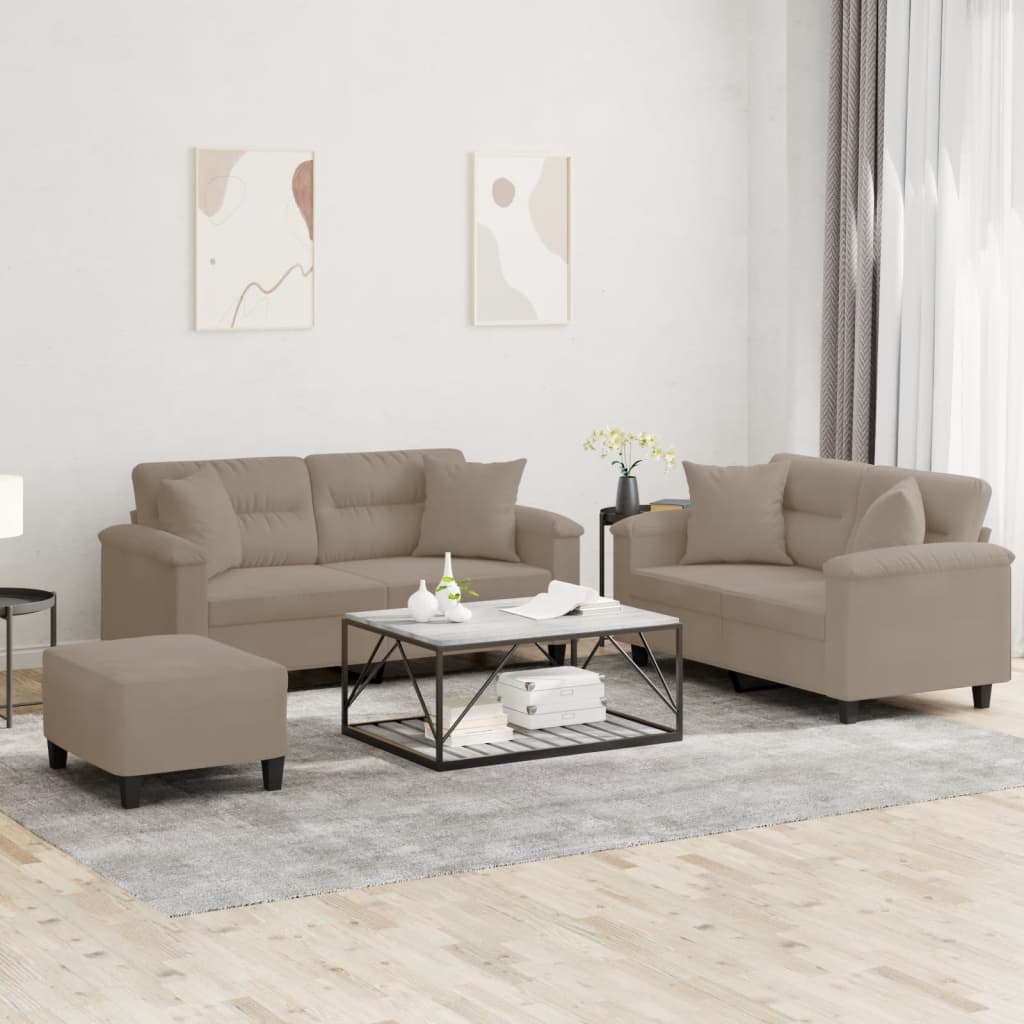 Set Divani 3 pz con Cuscini tortora in Tessuto Microfibra