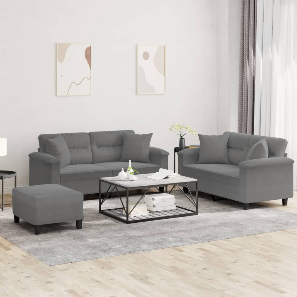 Set Divani 3 pz con Cuscini Grigio Scuro in Tessuto Microfibra