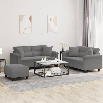 Set Divani 3 pz con Cuscini Grigio Scuro in Tessuto Microfibra