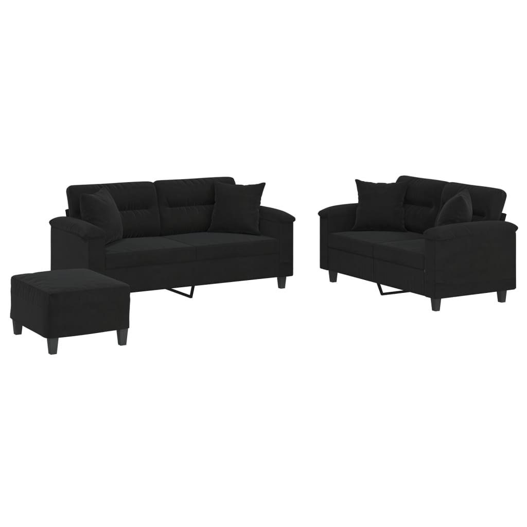 Set Divani 3 pz con Cuscini Nero in Tessuto Microfibra