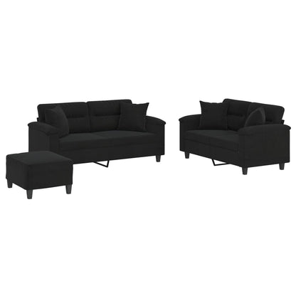 Set Divani 3 pz con Cuscini Nero in Tessuto Microfibra