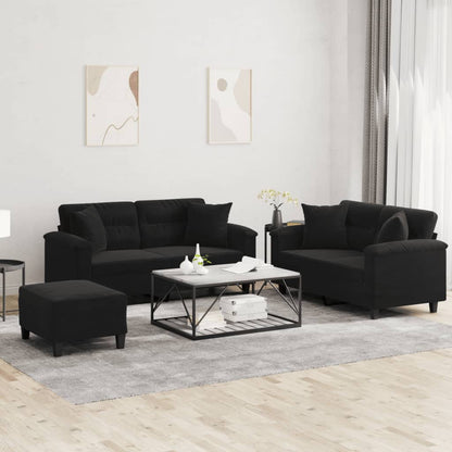 Set Divani 3 pz con Cuscini Nero in Tessuto Microfibra