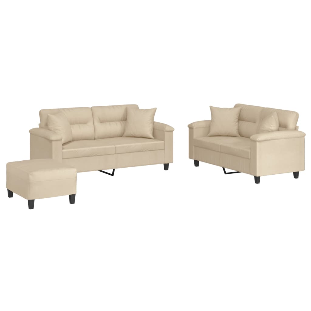 Set Divani 3 pz con Cuscini Crema in Tessuto Microfibra