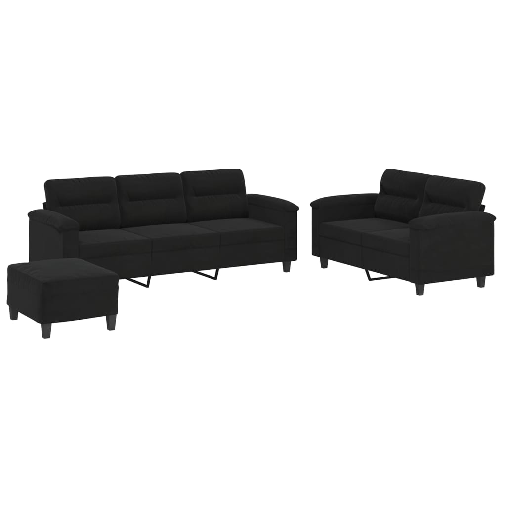 Set Divani 3 pz con Cuscini Nero in Tessuto Microfibra
