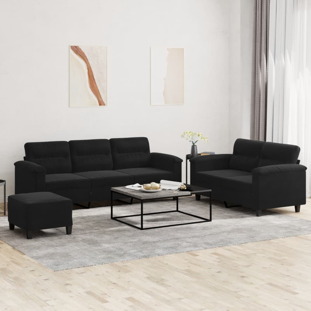 Set Divani 3 pz con Cuscini Nero in Tessuto Microfibra