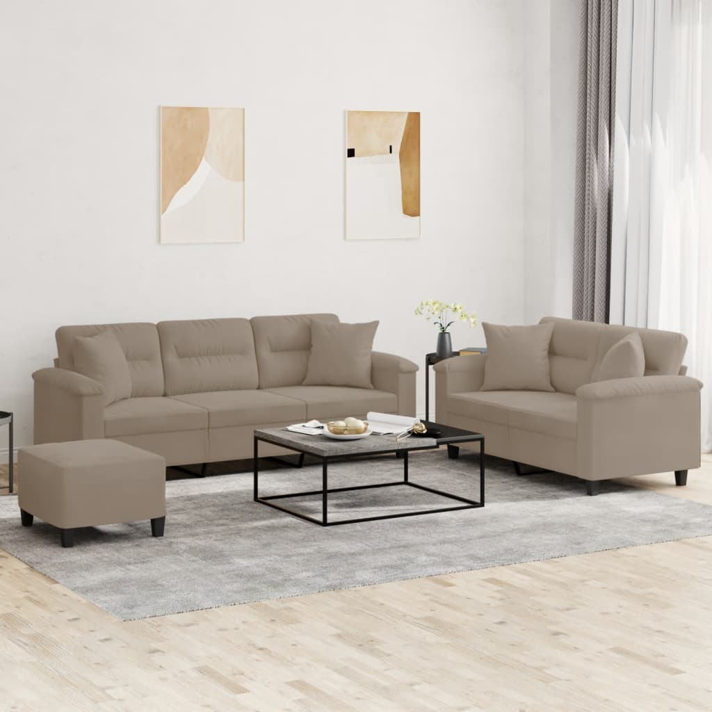 Set Divani 3 pz con Cuscini tortora in Tessuto Microfibra