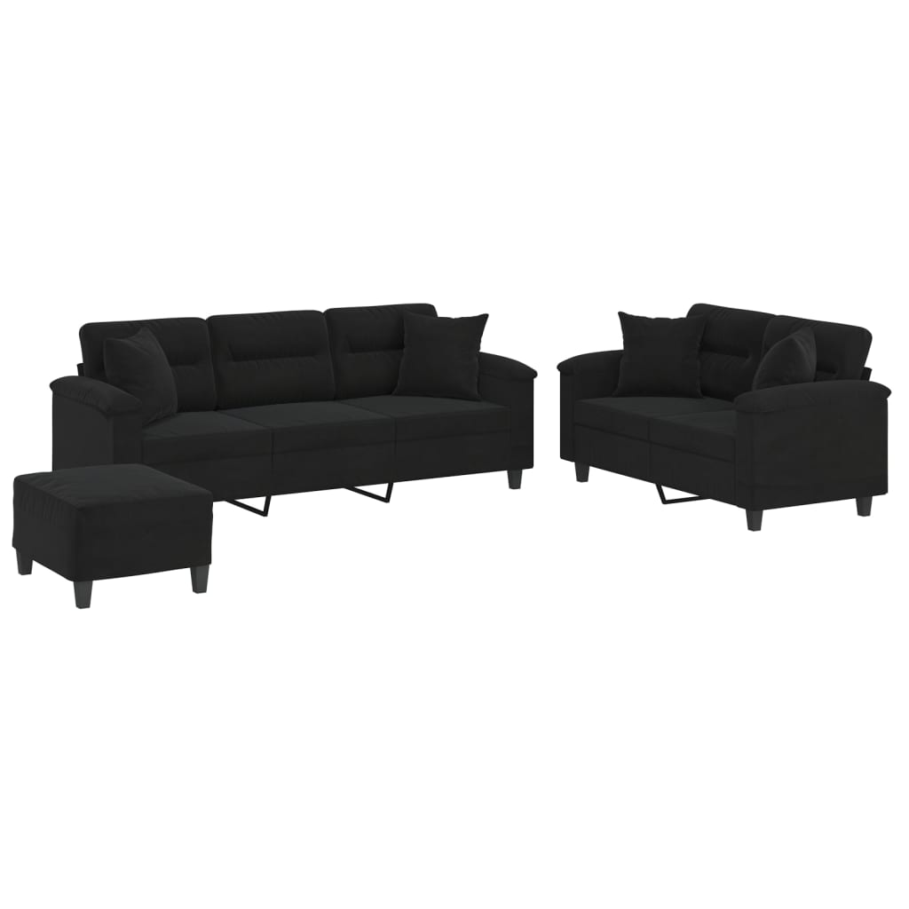 Set Divani 3 pz con Cuscini Nero in Tessuto Microfibra