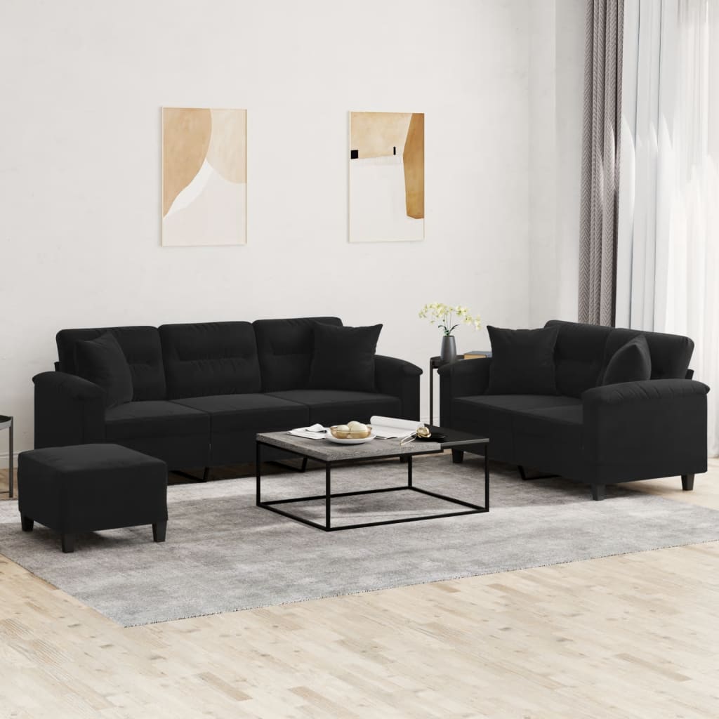 Set Divani 3 pz con Cuscini Nero in Tessuto Microfibra