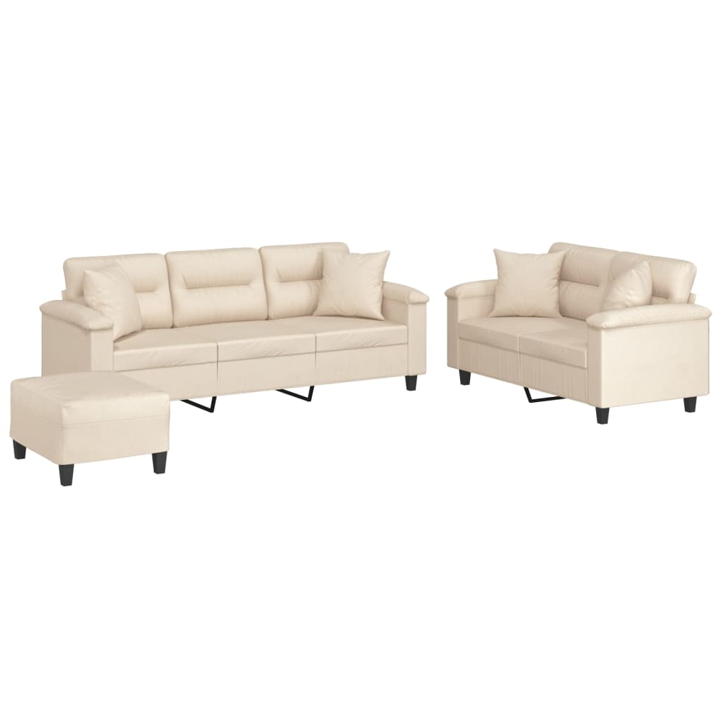 Set Divani 3 pz con Cuscini Beige in Tessuto Microfibra