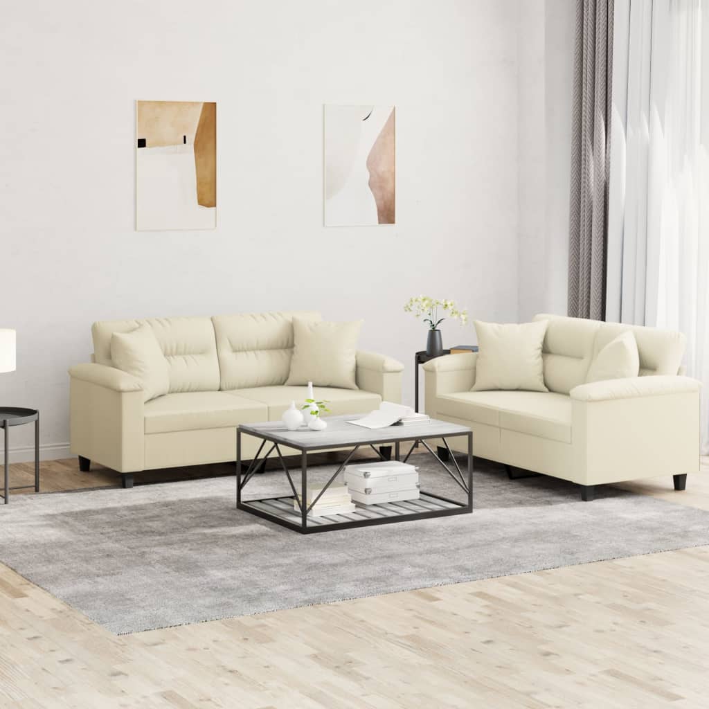Set di Divani 2 pz con Cuscini Crema in Similpelle