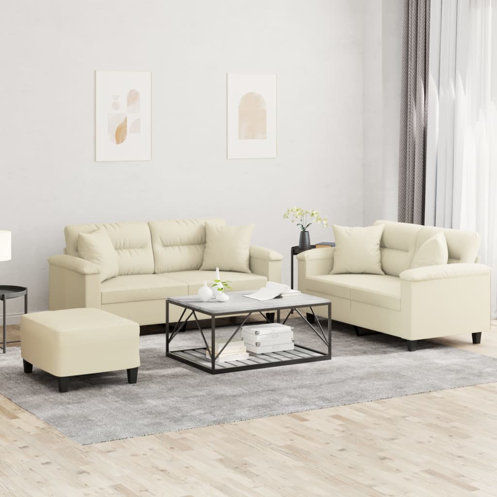Set di Divani 3 pz con Cuscini Crema in Similpelle