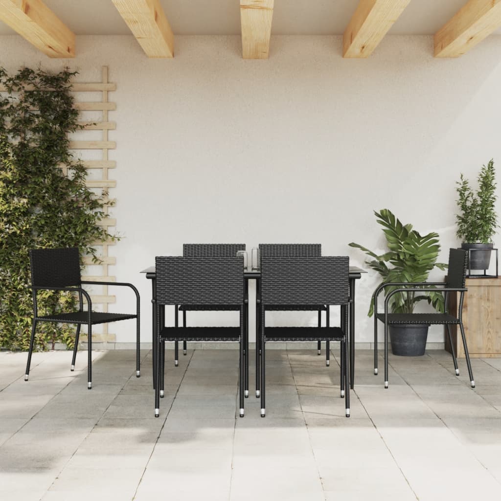 Set da Pranzo da Giardino 7 pz Nero in Polyrattan e Acciaio