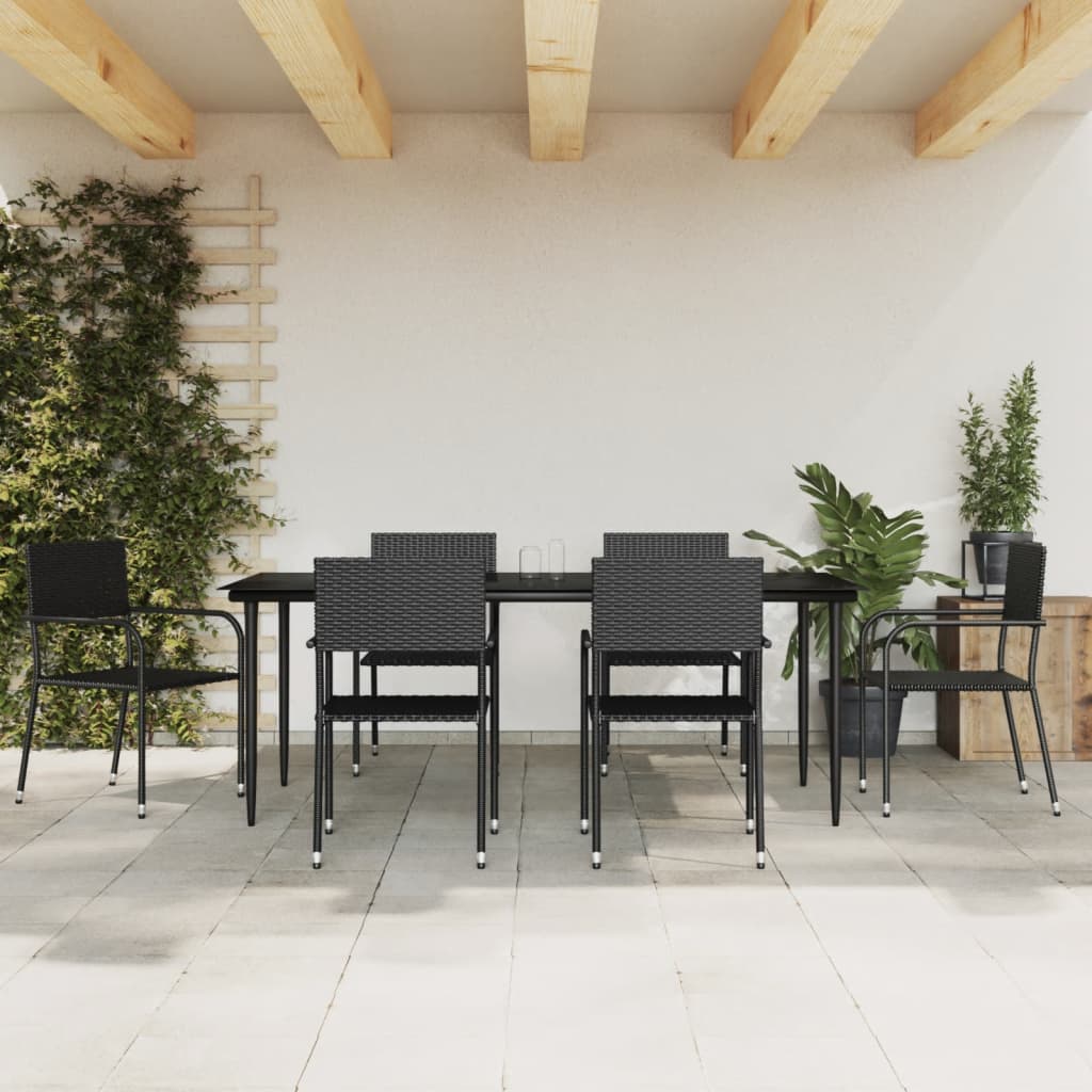 Set da Pranzo da Giardino 7 pz Nero in Polyrattan e Acciaio