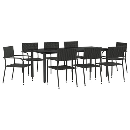 Set da Pranzo da Giardino 9 pz Nero in Polyrattan e Acciaio