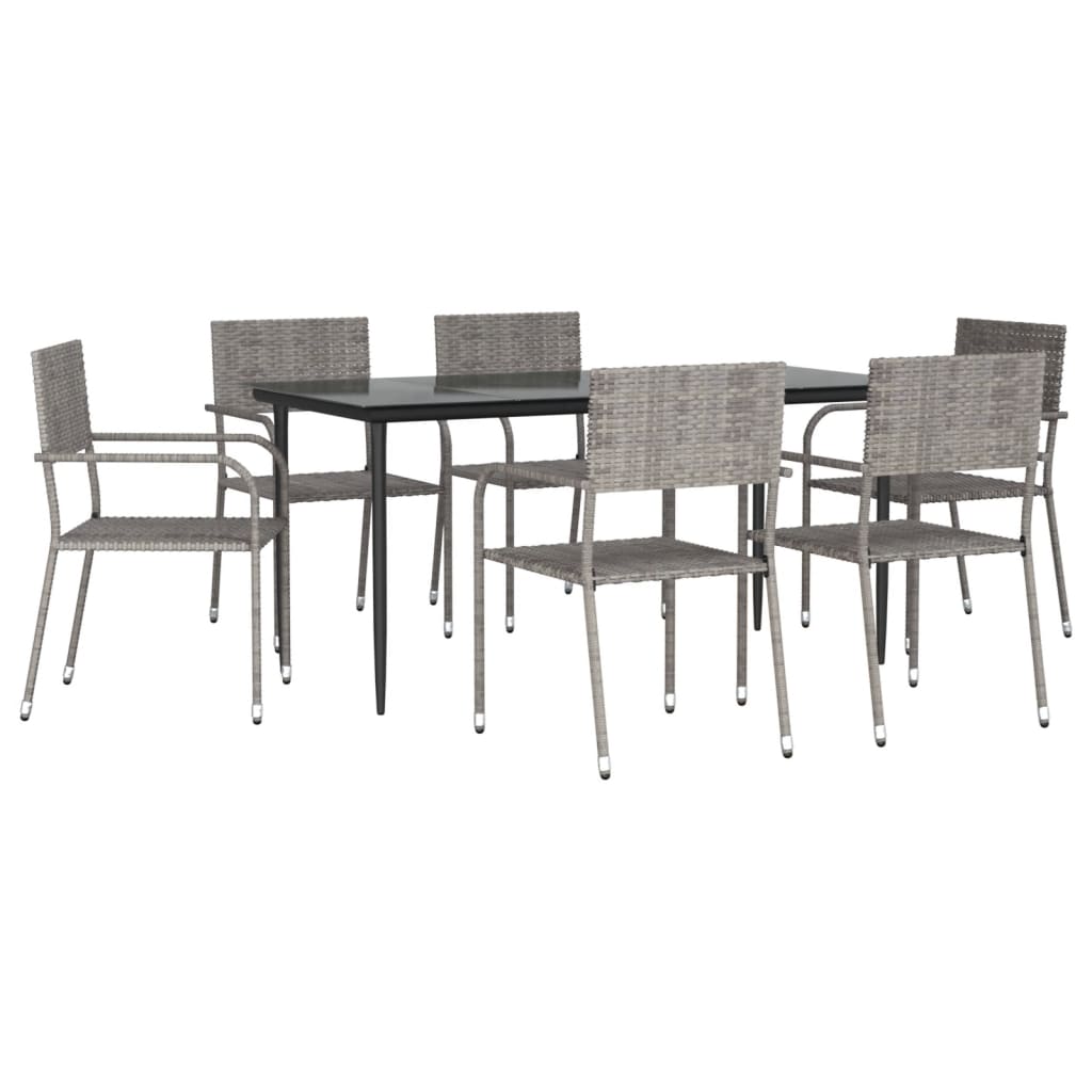 Set da Pranzo da Giardino 7 pz Nero Grigio Polyrattan e Acciaio