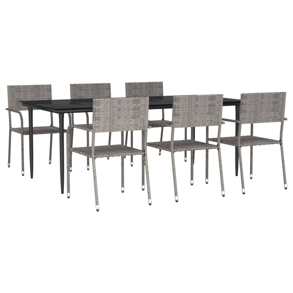 Set da Pranzo da Giardino 7 pz Nero Grigio Polyrattan e Acciaio