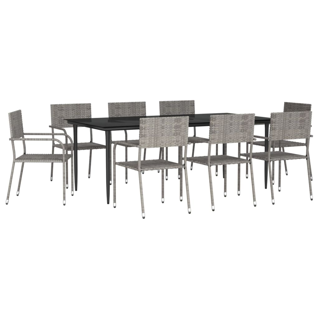 Set da Pranzo da Giardino 9 pz Nero Grigio Polyrattan e Acciaio
