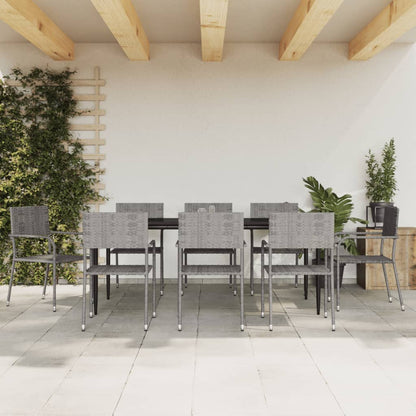 Set da Pranzo da Giardino 9 pz Nero Grigio Polyrattan e Acciaio
