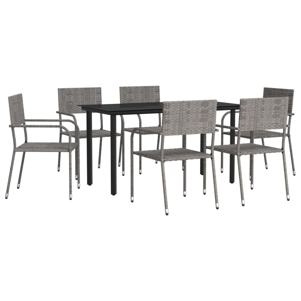 Set da Pranzo da Giardino 7 pz Nero Grigio Polyrattan e Acciaio